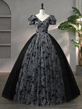 Beautiful Black Rhinestone Flower Prom Dress, Black V-Neck Short Sleeve Evening Dress HZ1024