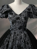Beautiful Black Rhinestone Flower Prom Dress, Black V-Neck Short Sleeve Evening Dress HZ1024