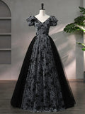 Beautiful Black Rhinestone Flower Prom Dress, Black V-Neck Short Sleeve Evening Dress HZ1024