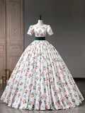 Beautiful Cherry Pattern Long Princess Prom Dress, White A-Line Short Sleeve Evening Party Dress HZ1024