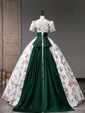 Beautiful Cherry Pattern Long Princess Prom Dress, White A-Line Short Sleeve Evening Party Dress HZ1024