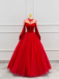 Red Velvet Tulle Floor Length Prom Dress, Beautiful Long Sleeve Evening Party Dress HZ1024