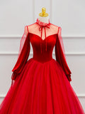 Red Velvet Tulle Floor Length Prom Dress, Beautiful Long Sleeve Evening Party Dress HZ1024