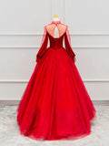 Red Velvet Tulle Floor Length Prom Dress, Beautiful Long Sleeve Evening Party Dress HZ1024