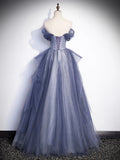 Charming Tulle Sequins A-Line Prom Dresses, Off the Shoulder Floor-Length Formal Dresses HZ1024