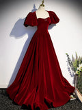 Burgundy Velvet Floor Length Prom Dress, Beautiful Open Back Evening Dress with Pearls HZ1024