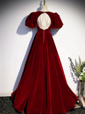 Burgundy Velvet Floor Length Prom Dress, Beautiful Open Back Evening Dress with Pearls HZ1024