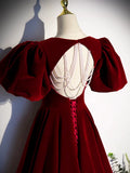 Burgundy Velvet Floor Length Prom Dress, Beautiful Open Back Evening Dress with Pearls HZ1024