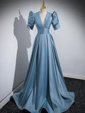 Blue Floor Length V-Neck Satin Prom Dress, Simple A-Line Evening Dress HZ1024