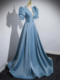 Blue Floor Length V-Neck Satin Prom Dress, Simple A-Line Evening Dress HZ1024