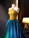 Retro Halter Neck Long Prom Dress, Elegant A-Line Evening Party Dress HZ1024