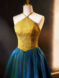 Retro Halter Neck Long Prom Dress, Elegant A-Line Evening Party Dress HZ1024