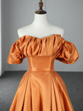 Orange Floor Length Satin Long Prom Dress, Off the Shoulder Evening Party Dress HZ1024