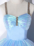 Beautiful Shiny Blue Tulle Long Formal Dress, A-Line Spaghetti Strap Sweetheart Princess Dress HZ1024