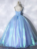 Beautiful Shiny Blue Tulle Long Formal Dress, A-Line Spaghetti Strap Sweetheart Princess Dress HZ1024