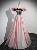 A-Line Shiny Tulle Long Pink Corset Prom Dress, Off the Shoulder Pink Evening Dress HZ1024