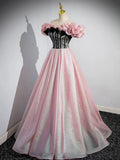 A-Line Shiny Tulle Long Pink Corset Prom Dress, Off the Shoulder Pink Evening Dress HZ1024