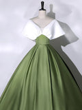 White+Green Satin Floor Length Prom Dress, V-Neck Off the Shoulder Evening Dress HZ1024