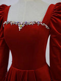 A-Line Long Sleeve Velvet Floor Length Prom Dress, Burgundy Formal Evening Dress HZ1024