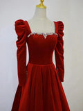 A-Line Long Sleeve Velvet Floor Length Prom Dress, Burgundy Formal Evening Dress HZ1024