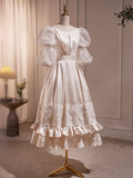 Beautiful Scoop Neck Tea Length Prom Dress, A-Line Puffy Short Sleeve Backless Party Dress HZ1024