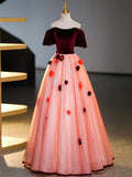 Burgundy Velvet Tulle Long Formal Dress, Off the Shoulder Sweet Flower Party Dress HZ1024