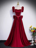 Beautiful Satin Floor Length Prom Dress with Bowknot, Burgundy Short Sleeve Evening Dress HZ1024
