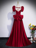Beautiful Satin Floor Length Prom Dress with Bowknot, Burgundy Short Sleeve Evening Dress HZ1024
