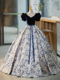 Blue V-Neck Short Sleeve Ball Gown, Blue A-Line Velvet Floor Length Evening Dress HZ1024