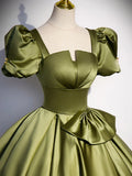 Green Satin Short Sleeve Floor Length Formal Dress, Green A-Line Prom Dress HZ1024