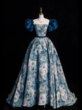 Blue Printed Long Ball Gown, Elegant A-Line Short Sleeve Evening Dress HZ1024