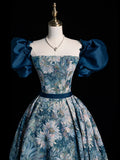 Blue Printed Long Ball Gown, Elegant A-Line Short Sleeve Evening Dress HZ1024
