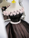 Black Tulle and Pink Flowers Party Dress, Black Off Shoulder Sweet 16 Dress HZ1024