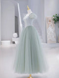 Green Tulle Floor Length Prom Dress, Green Short Sleeve Evening Party Dress HZ1024