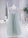 Green Tulle Floor Length Prom Dress, Green Short Sleeve Evening Party Dress HZ1024