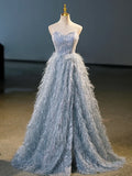 Blue A-Line Strapless Floor Length Prom Dress, Blue Evening Party Dress HZ1024