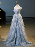 Blue A-Line Strapless Floor Length Prom Dress, Blue Evening Party Dress HZ1024