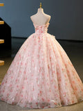 Beautiful Strapless Tulle Flower Long Prom Dress, Pink Ball Gown Formal Dress HZ1024