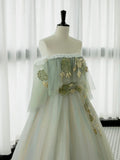 Green Tulle Lace Long Prom Dress, Green Off Shoulder Evening Party Dress HZ1024