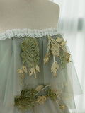 Green Tulle Lace Long Prom Dress, Green Off Shoulder Evening Party Dress HZ1024