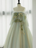 Green Tulle Lace Long Prom Dress, Green Off Shoulder Evening Party Dress HZ1024