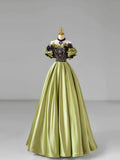 Green Satin Lace Long Prom Dress, Beautiful A-Line Evening Dress with Bow HZ1024