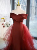 Mermaid V-Neck Satin Long Prom Dress, Burgundy Off Shoulder Evening Dress with Bow HZ1024