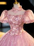 Pink Tulle and Lace Long Prom Dress with Sequins, Beautiful A-Line Sweet 16 Dress HZ1024