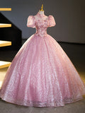 Pink Tulle and Lace Long Prom Dress with Sequins, Beautiful A-Line Sweet 16 Dress HZ1024