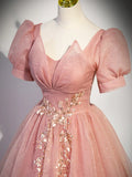 Pink Tulle Floor Length Prom Dress with Short Sleeve, Beautiful A-Line Evening Dress HZ1024