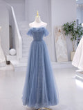 Blue Strapless Tulle Long Prom Dress, Blue A-Line Evening Dress HZ1024