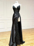 Black V-Neck Satin Lace Long Prom Dress, Black Spaghetti Strap Evening Dress with Slit HZ1024