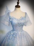 Blue Tulle Lace Long Prom Dress, Shiny A-Line Short Sleeve Evening Dress HZ1024