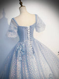 Blue Tulle Lace Long Prom Dress, Shiny A-Line Short Sleeve Evening Dress HZ1024